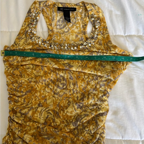INC Embellished Yellow Sequined Tank Top yellow & gray design rouching Small - Picture 6 of 11
